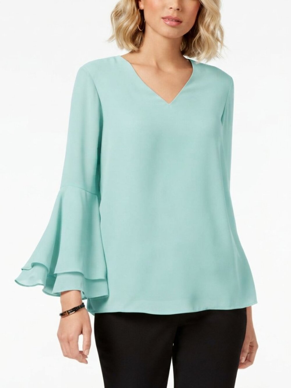 2/$30 Alfani V-Neck Layered Bell Sleeve Chiffon Blouse Seafoam 6 #A4688